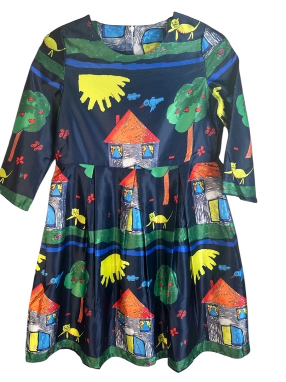 Girl's Navy Multi-Colored Kid's Cat House Print 3/4 Sleeve Fit & Flare Dress‎